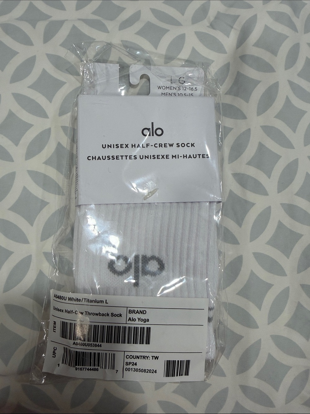 ALO Yoga White Half-Crew Socks with Titanium Logo